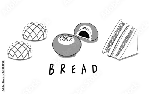 Japanese food illustration. Hand drawn sketch. Japanese cuisine and sweet. Vector illustration of Japanese bread collection. Menu design elements. Isolated objects.