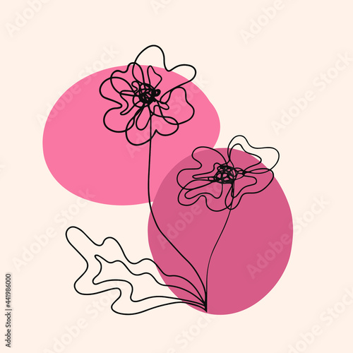 Vector doodle line art outline of a plant with a flower on a pink background