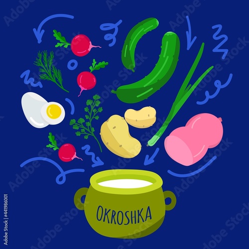 Vector illustration of the recipe of a traditional Russian dish okroshka on a blue background