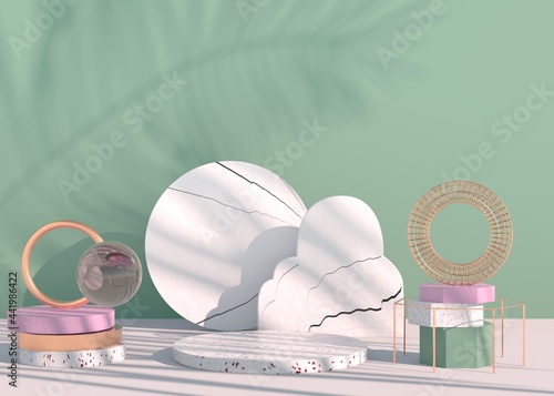 Podium with palm leaves shadows for cosmetic product presentation. Empty showcase pedestal backdrop mock up. 3d render.