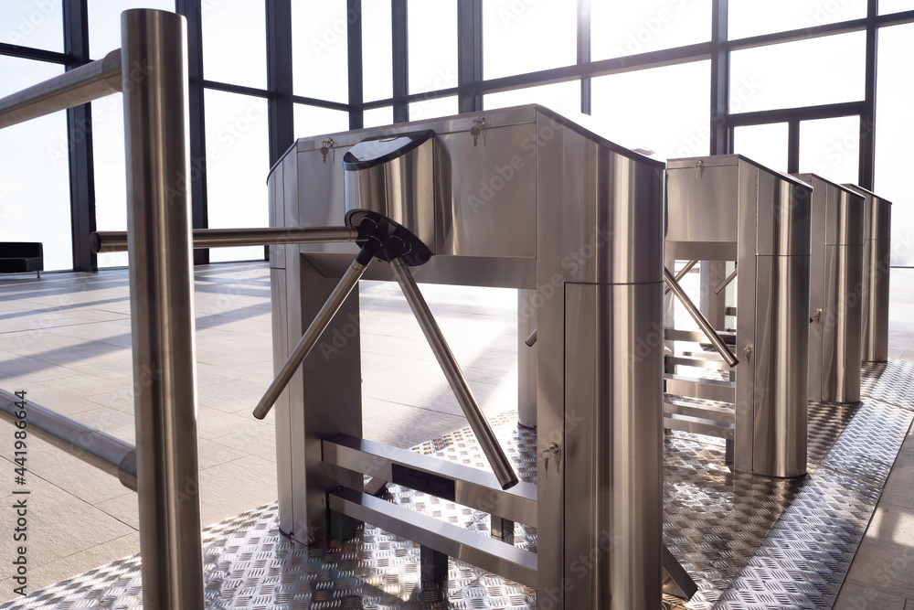 Electronic turnstile. Access system to building. Several turnstiles are ...