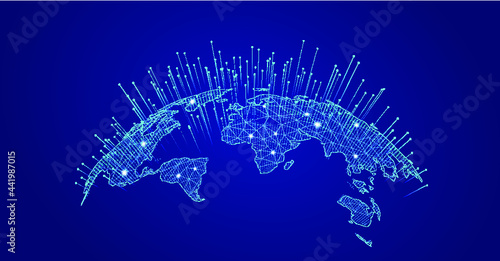 Dots and lines connect the global interconnection of Earth-rising rays to the concept of internationalization.