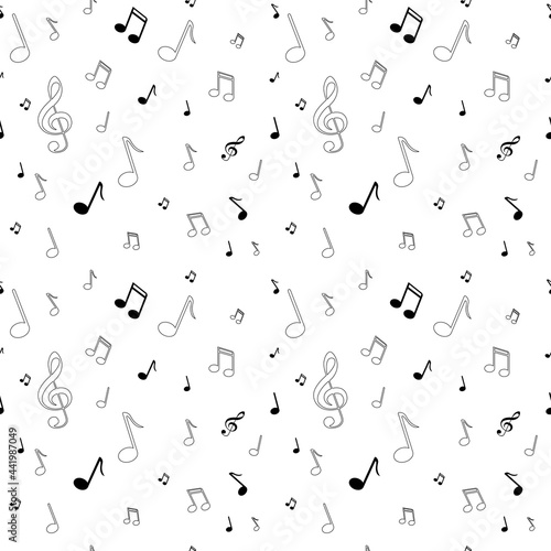 Music vector art abstract illustration with notes, black seamless pattern for textile design. Cartoon, art graphic illustration. Pop art style. Isolated on white background