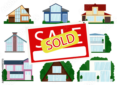 Vector illustration of a set of different modern houses with a billboard and text for sale and sticker sold © Sunny_baby