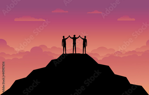 Silhouette of the businessman team on the mountain