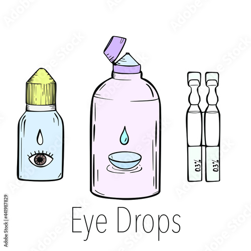 Set of eye care products for contact lenses. Ophthalmology vector cartoon icons set. Health care illustration.