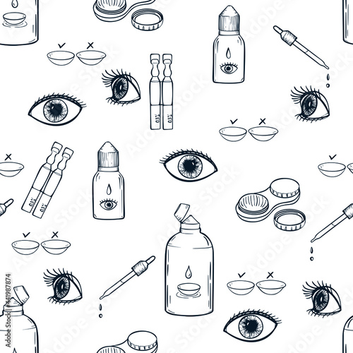 Contact lenses and eye care devises hand drawn seamless pattern. Ophthalmology icons background.