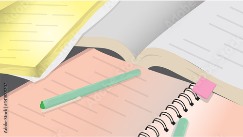 Cropped and partial view of notebook and pens and books. Education and study theme vector illustration background.