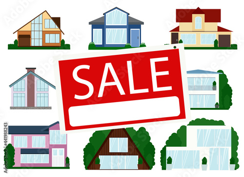 Fototapeta Naklejka Na Ścianę i Meble -  Vector illustration of a set of different modern houses with a billboard and text for sale
