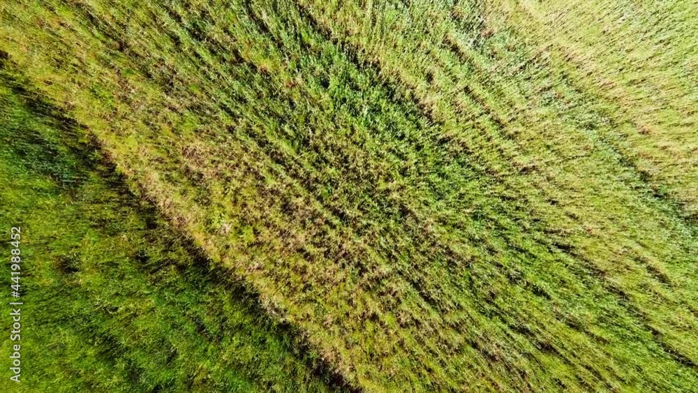 Aerial drone view of a flying over the rural agricultural landscape.