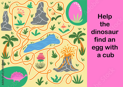 Help dinosaur find path to nest. Labyrinth. Maze game for kids. Help dino moms to find their eggs kid learning game with maze.
