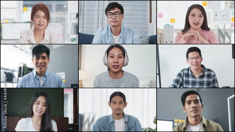 Group of young Asian business people, office coworker on video online conference call, remote team meeting. Work from home, internet communication technology, coronavirus social distancing lifestyle Group of young Asian business people, office coworker on video online conference call, remote team meeting. Work from home, internet communication technology, coronavirus social distancing lifestyle