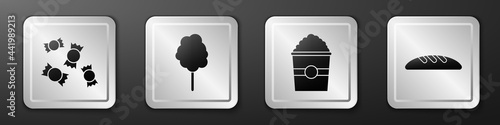 Set Candy, Cotton candy, Popcorn in box and Bread loaf icon. Silver square button. Vector