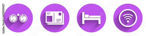 Set Binoculars, Passport with visa stamp, Bed and Wi-Fi wireless internet network icon with long shadow. Vector
