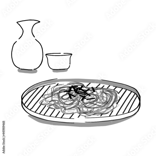 Japanese food illustration. Hand drawn sketch. Japanese cuisine. Vector illustration of Soba noodle in a bowl. Menu design elements. Isolated objects. 