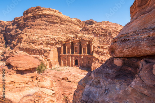 monastery ad - dier  in the desert mountains of Jordan in the ancient city of Petra photo