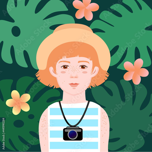 Girl with a camera on a background of tropical leaves. World photography day. Simple flat style. Young girl tourist in a hat and summer clothes.