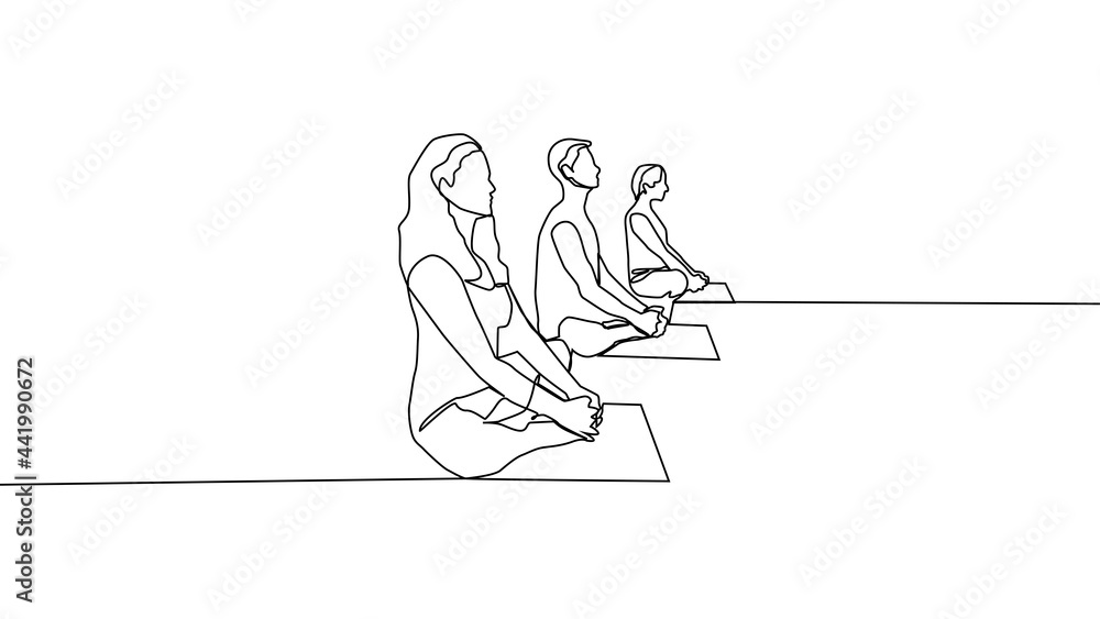 Yoga, woman, man practices yoga while sitting in the lotus position. Continuous line drawing