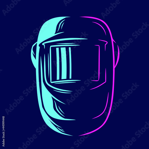 Welder helmet melting industrial protection line pop art potrait logo colorful design with dark background. Abstract vector illustration