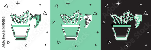 Set Spraying a house plant with a spray gun icon isolated on white and green, black background. Moistening of foliage. Care for home flowers. Vector