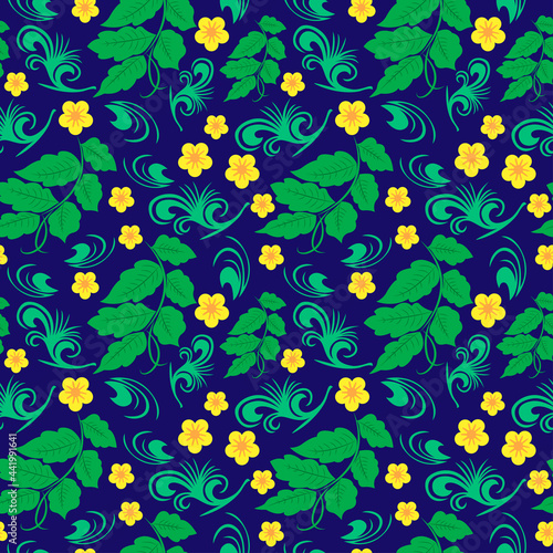 Floral vector seamless pattern. Branches of leaves and yellow flowers. Vector illustration © Natasha Chernysheva