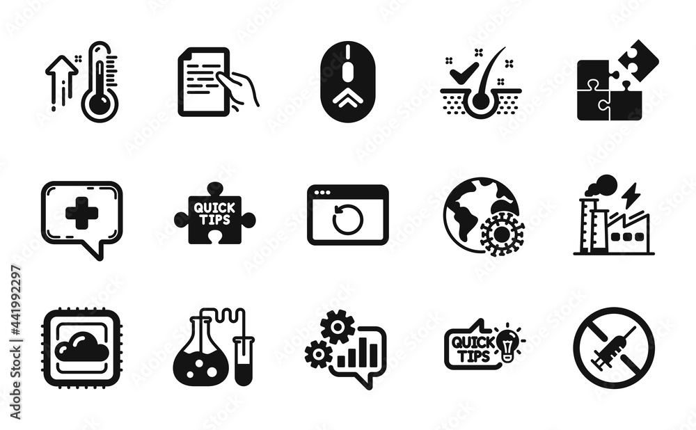 Vector set of Hold document, Education idea and Medical chat icons simple set. Swipe up, Cloud computing and High thermometer icons. Coronavirus, Cogwheel and Chemistry lab signs. Vector