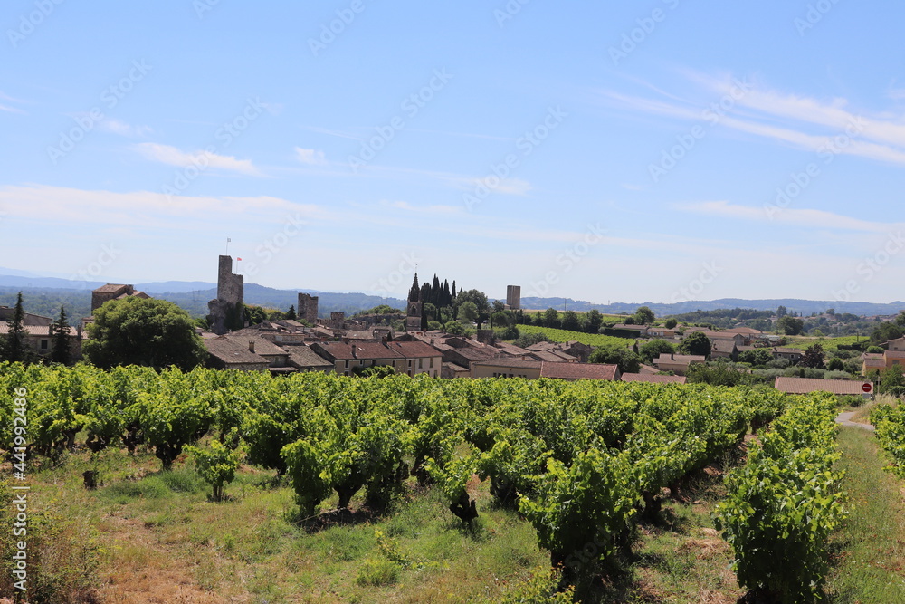 Vue d'ensemble du village de Aigueze avec les vignes en premier plan, village de Aigueze, departement du Gard, France