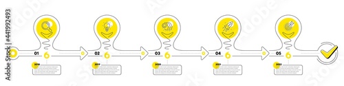 Business Infographic timeline with 5 steps. Lightbulb journey path infographics. Workflow process diagram with Research Idea, Teamwork, Startup rocket and Goal target line icons. Vector
