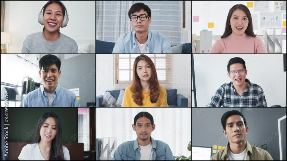 Group of young Asian business people, office coworker on video online conference call, remote team meeting. Work from home, internet communication technology, coronavirus social distancing lifestyle Group of young Asian business people, office coworker on video online conference call, remote team meeting. Work from home, internet communication technology, coronavirus social distancing lifestyle