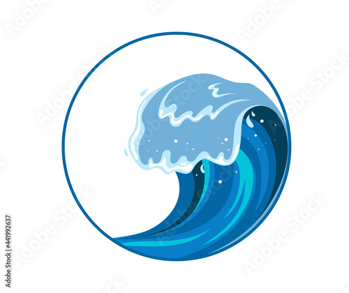 Tsumani wave sign in flat cartoon style. Big blue tropical water splash with white foam. Vector illustration isolated in white background