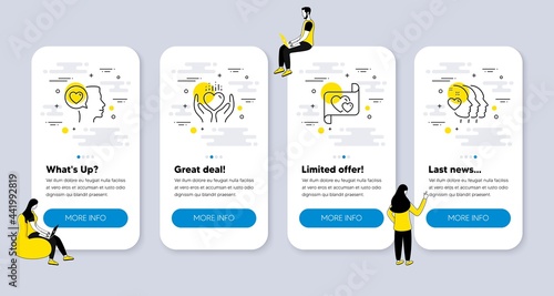 Vector Set of Love icons related to Romantic talk, Hold heart and Love letter icons. UI phone app screens with people. Friends couple line symbols. Love chat, Heart, Friendship. Vector