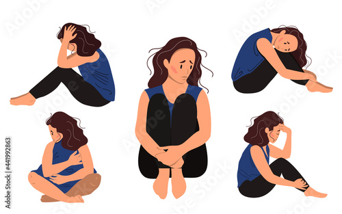 Set of depressed young unhappy sitting girls. Concept of mental disorder. Colorful vector illustration in flat cartoon style.