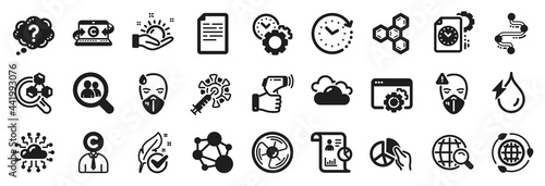 Set of Science icons, such as Document, Pie chart, Chemistry lab icons. Cloud network, Time change, Coronavirus vaccine signs. Integrity, Internet search, Copywriting notebook. Seo gear. Vector
