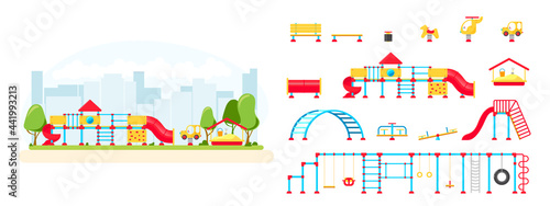 Kids playground. Set of playing equipment elements. City park concept. Vector illustration