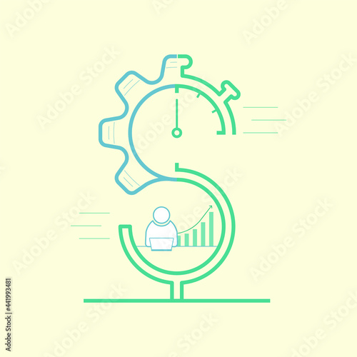 Dollar sign made up of gearwheel and stopwatch shapes with efficient worker icon inside. Time is money. Business efficiency. Vector illustration outline flat design style.