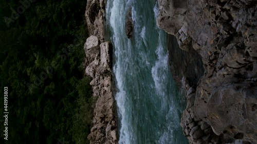 Wallpaper Mural Vertical video for use on mobile devices. Beautiful stormy mountain river of bluish hue in gorge among large stones. Dense green deciduous forest in background. Torontodigital.ca