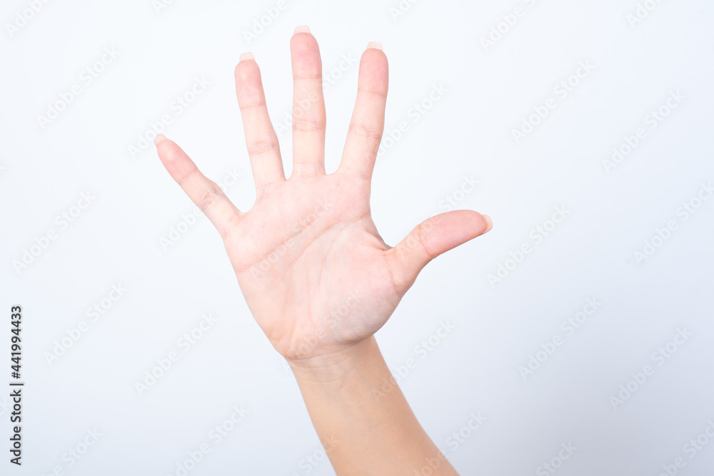 hands isolated on white background showing number 5 or saying hello, hands isolated on white background showing number 5 or saying hello,