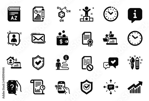 Vector Set of Education icons related to Ask question, Wrong file and Time icons. Chemical formula, Demand curve and Winner signs. Work home, Approve and Time management. Developers chat. Vector