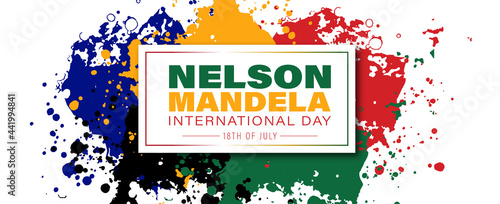 Vector illustration International Nelson Mandela Day 18th July. Splash South African flag colors on background. photo