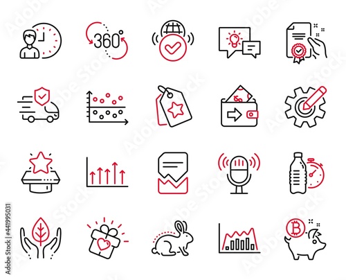 Vector Set of Business icons related to Idea lamp, Wallet and Working hours icons. Growth chart, Certificate and Cogwheel signs. Microphone, Fitness water and Fair trade. Dot plot. Vector