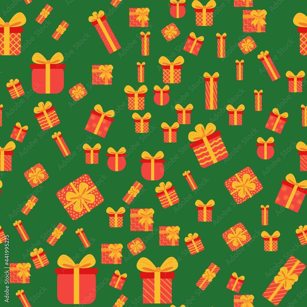 Seamless background with Christmas boxes and gifts. Christmas packaging, new year