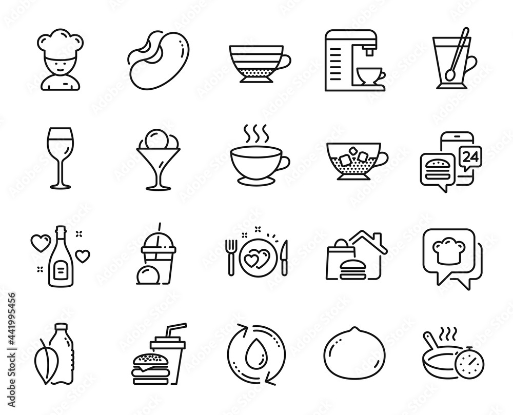 Vector set of Beans, Frying pan and Coffee machine line icons set. Coffee cup, Cooking hat and Romantic dinner icons. Ice cream, Love champagne and Ice cream milkshake signs. Beans web symbol. Vector Vector set of Beans, Frying pan and Coffee machine line icons set. Coffee cup, Cooking hat and Romantic dinner icons. Ice cream, Love champagne and Ice cream milkshake signs. Beans web symbol. Vector