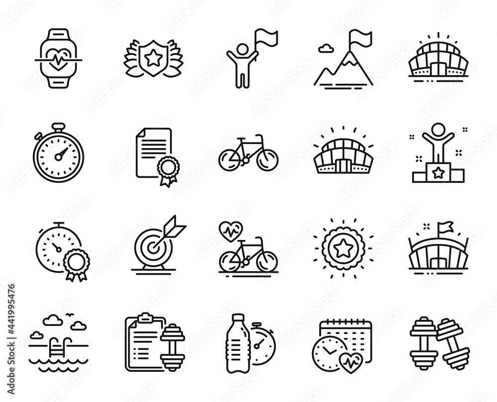 Vector set of Bicycle, Cardio calendar and Sports stadium line icons ...