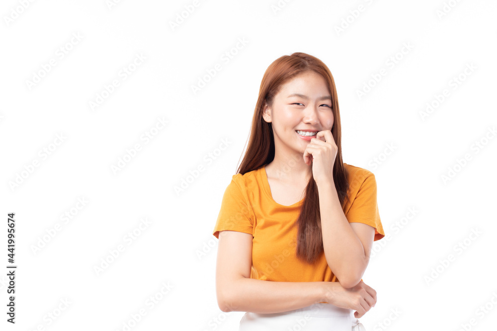Portrait of beautiful young Asian girl model long hair in casual summer clothes smile, happy and enjoying in studio isolated on white background. Portrait of beautiful young Asian girl model long hair in casual summer clothes smile, happy and enjoying in studio isolated on white background.