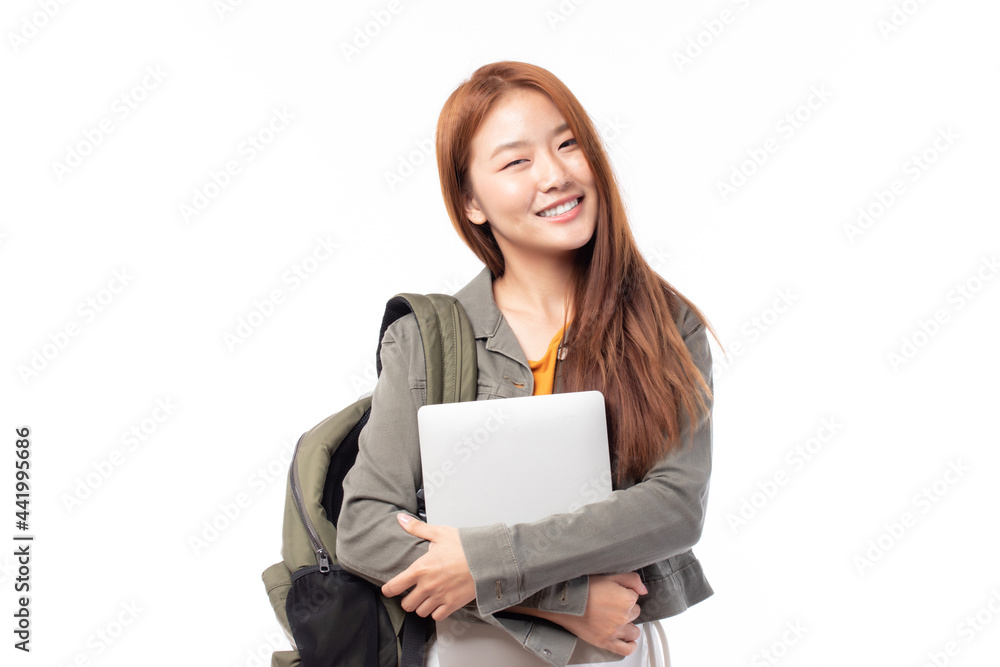 Portrait of happy casual Asian girl student with backpack and laptop isolated on white background. Back to school and learning concept. Portrait of happy casual Asian girl student with backpack and laptop isolated on white background. Back to school and learning concept.