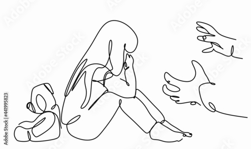 a linear drawing of a girl with a toy and men's hands threatening a child, the concept of domestic violence against children.