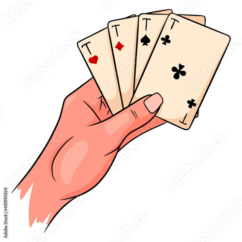 Gambling. Playing cards in hand. Casino, luck, fortuna. Four aces.