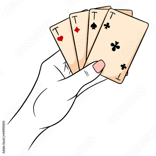 Gambling. Playing cards in hand. Casino, luck, fortuna. Four aces.