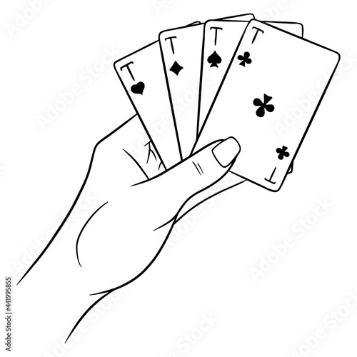 Gambling. Playing cards in hand. Casino, luck, fortuna. Four aces.