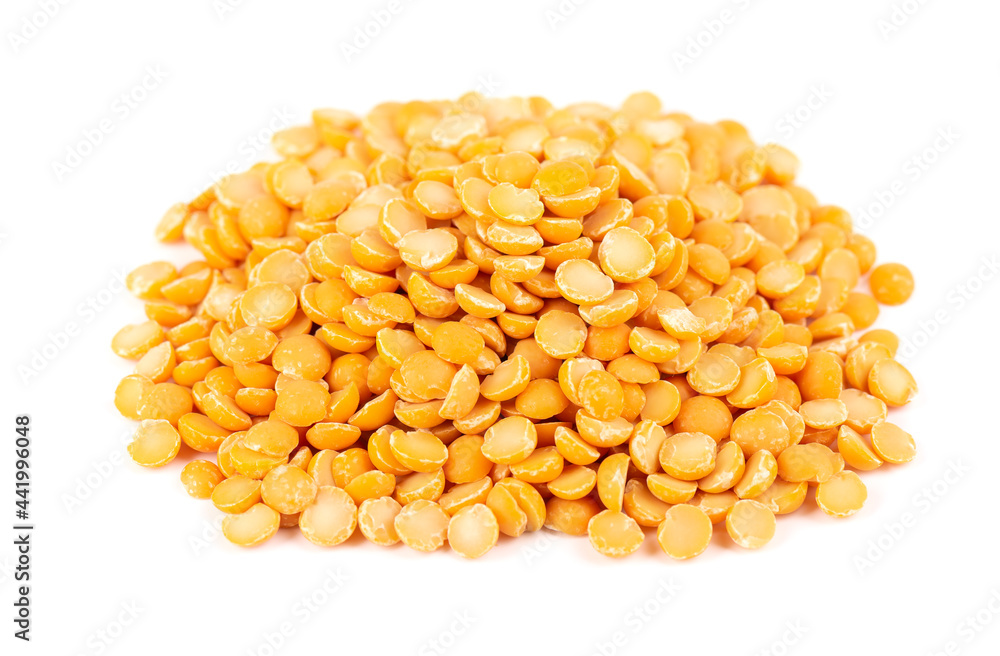 Dry yellow split peas isolated on white background. Halves of yellow legume peas. Dry yellow split peas isolated on white background. Halves of yellow legume peas.